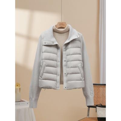 针织拼接羽绒服女短款2025新款时尚薄款排骨轻薄保暖立领秋冬季潮