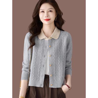 小个子羊毛衫针织开衫女2025春秋新款洋气翻领毛衣拼色短款外套