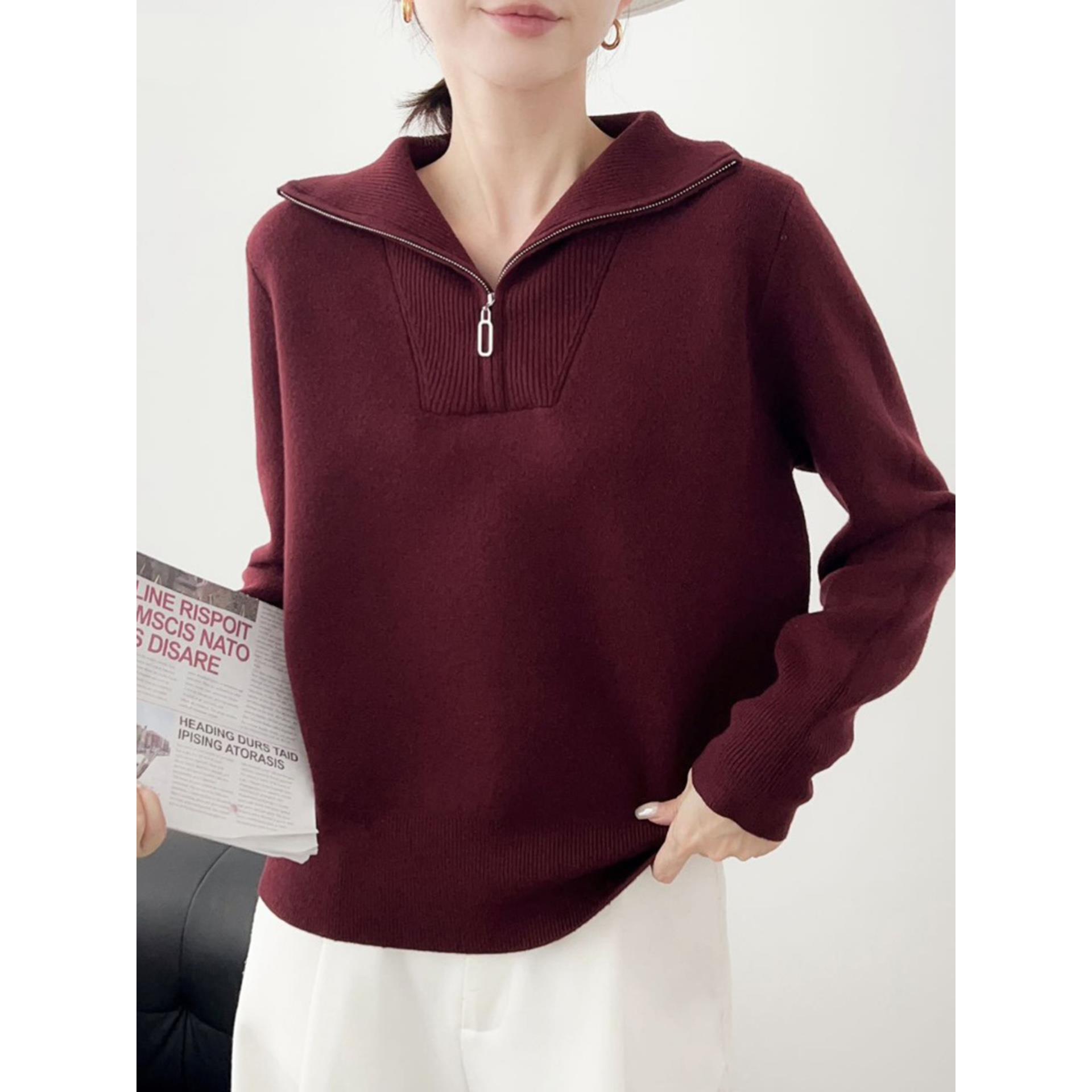 简约风半拉链翻领毛衣女2025秋冬新款宽松套头针织衫半开领羊毛衫