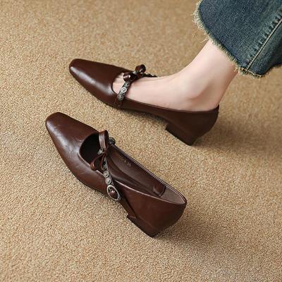 羊皮版~法式玛丽珍鞋女2025年春季新款蝴蝶结粗跟低跟3cm小跟单鞋