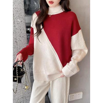 毛衣女2025年秋冬新款半高领宽松拼色百搭女士打底衫加厚洋气毛衣