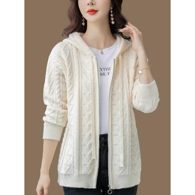 春秋连帽针织外套加厚2025新款时尚百搭上衣宽松秋冬针织衫毛衣女