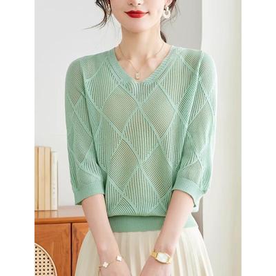 V领中袖针织衫女薄款镂空2025春夏新款气质七分袖打底衫小衫上衣