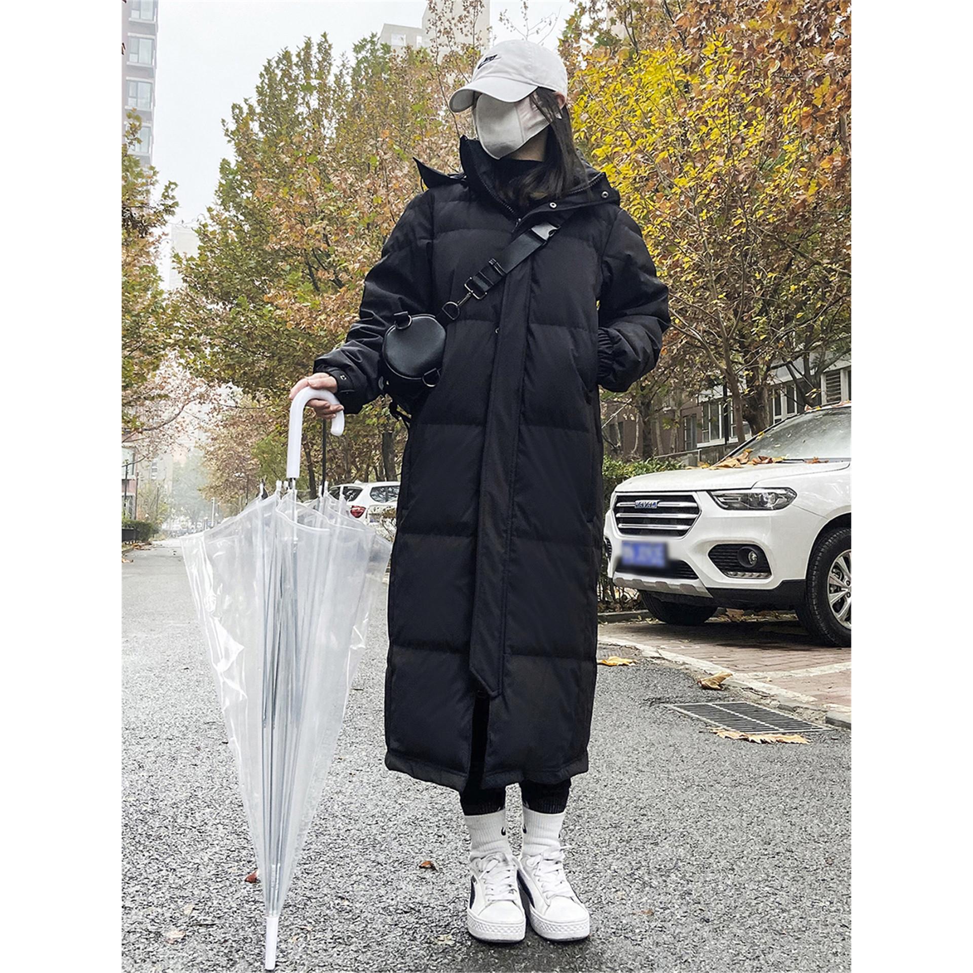 韩系黑色长款过膝羽绒棉服女冬季新款大码女装宽松连帽棉衣外套潮