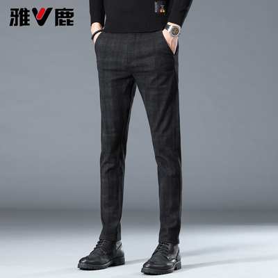 雅鹿修身格子休闲裤男