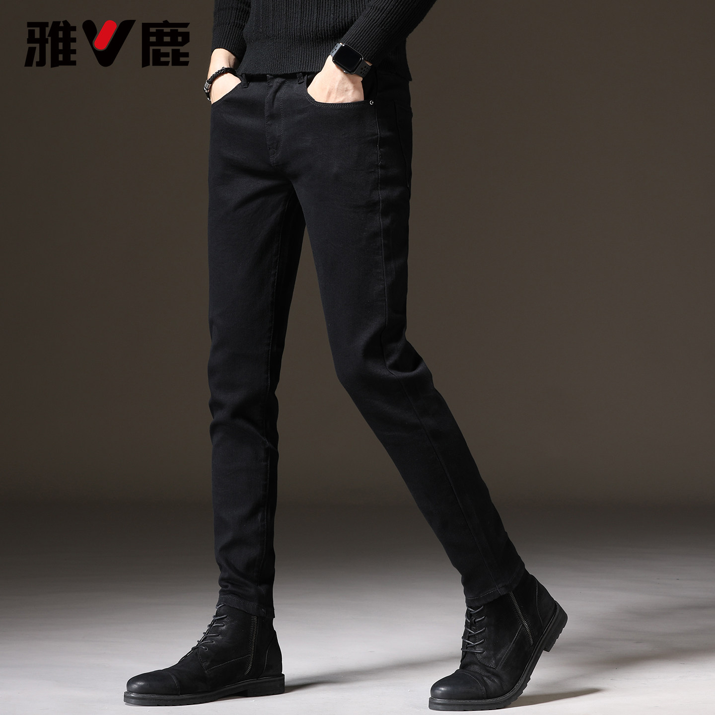 雅鹿潮牌牛仔裤男 2026春秋季新款显高修身弹力男黑色休闲小脚裤,男装,牛仔裤,淘宝优惠券,粉丝福利购,淘宝优惠卷