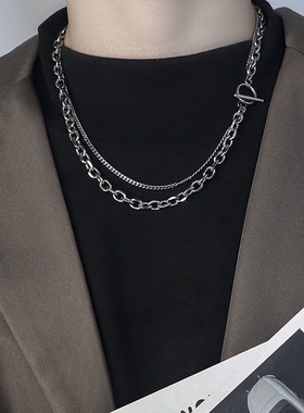 朋克摇滚金属双层链条项链男女嘻哈街头个性锁骨链银色配饰