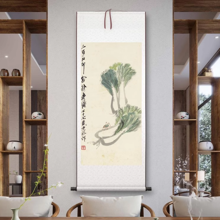 齐白石《白菜蝈蝈》客厅书房茶室装饰画挂画玄关水墨高清卷轴字画