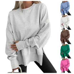 women clothes欧美跨境TEMU宽松卫衣侧边开叉拼接圆领蝙蝠袖加绒