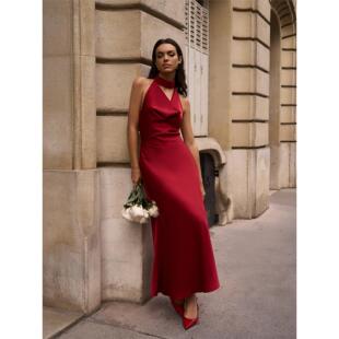 women clothes欧美跨境女装缎面性感v领气质挂脖连衣裙夏新款修身