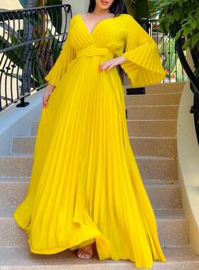 women long dress yellow 欧美女装新款性感大摆礼服长裙连衣裙