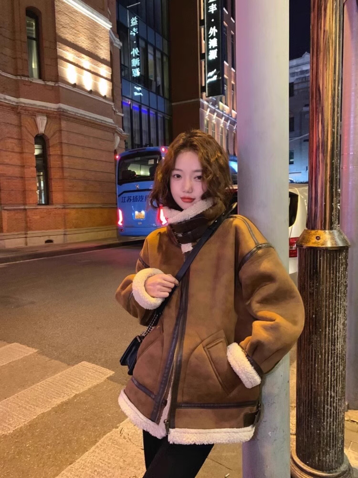羊羔毛机车夹克风高级感大衣复古风麋鹿皮超厚皮毛一体女冬季外套