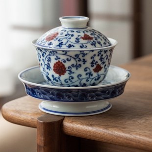 青花瓷仿古盖碗壶承组合大号三才盖碗手工泡茶碗釉里红敬茶碗
