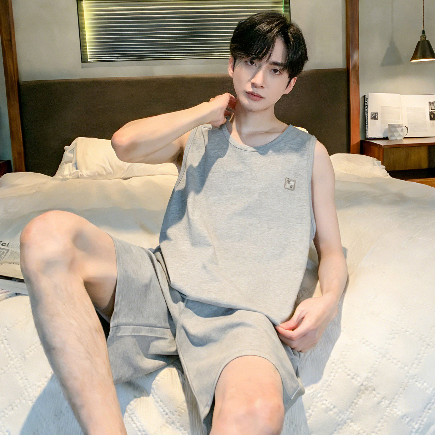 男士睡衣夏季纯棉无袖坎肩短裤简约风运动背心家居服可外穿2026夏