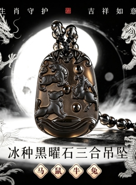 正品天然冰种黑曜石十二生肖吊坠男女款本命年转运三合护身符项链