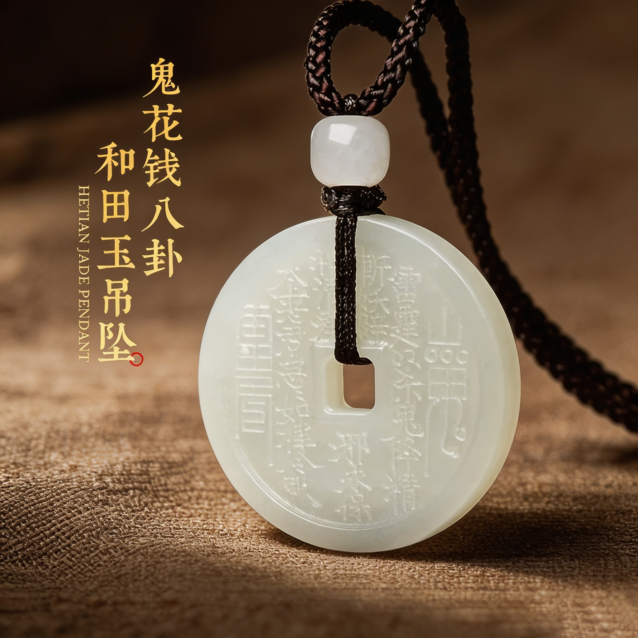 正品天然和田玉山鬼花钱吊坠本命年八卦牌护身符玉石挂件玉佩项链