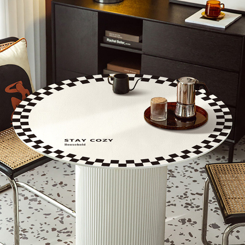 棋盘格圆桌皮革桌布防水防油免洗防烫家用餐桌垫圆形台布pvc桌垫