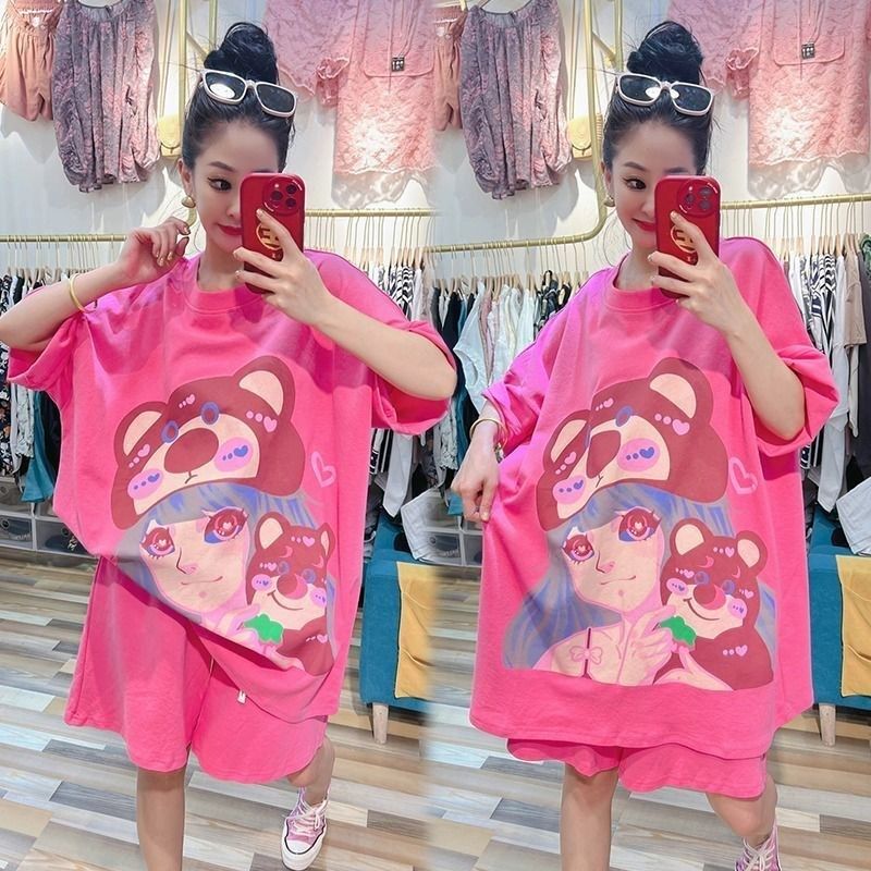 十三行大码女装300斤胖mm卡通印花短袖T恤女宽松上衣短裤遮肉套装,女装/女士精品,时尚套装,淘宝优惠券,粉丝福利购,淘宝优惠卷