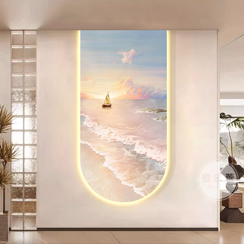 法式奶油风玄关装k饰画日出风景走廊过道尽头挂画led灯画客厅壁画