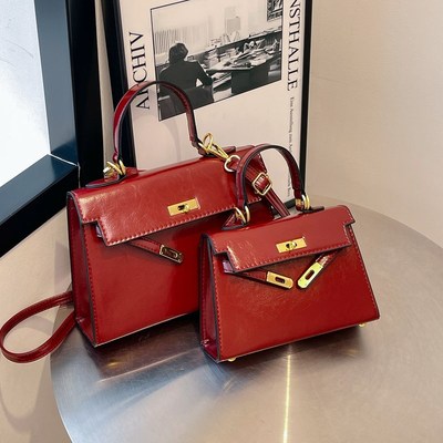 红色凯莉包女2025新款斜挎包小包高级感迷你百搭手提包结婚新娘包