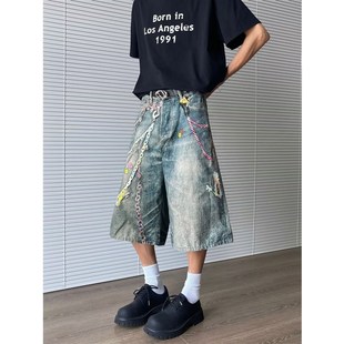 潮牌百搭中裤 美式 街头宽松阔腿七分裤 男夏季 复古满印链条牛仔短裤