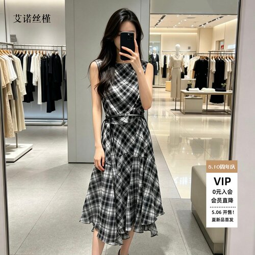 春夏新款复古格纹连衣裙