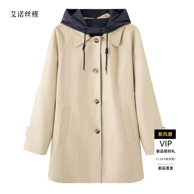 宽松长款抽绳连帽风衣外套