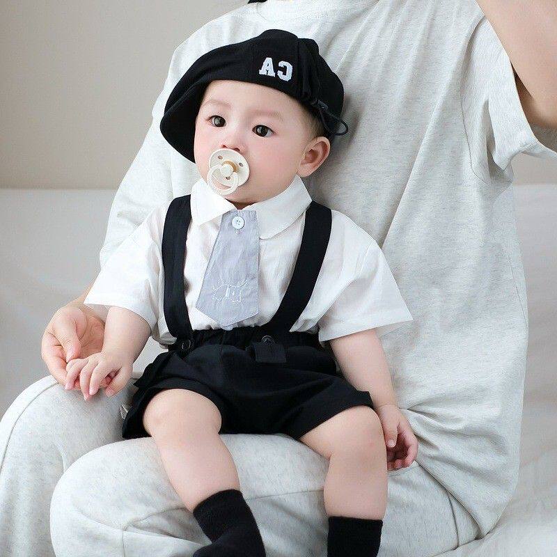 男宝宝周岁礼服套装婴幼儿学院风领带衬衫背带短裤儿童帅气两件套