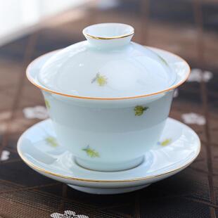 爆款盖碗影青甜白三才茶碗釉下紫线描金敬茶碗工厂手工高端泡茶碗