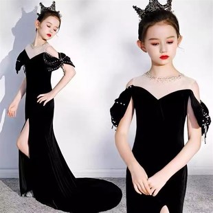 高端黑色修身显瘦晚礼服闪亮儿童模特走秀鱼尾连衣裙钢琴演奏主持