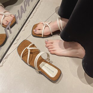 法式复古方头两穿凉鞋女2024夏新款仙女配裙子一字细带凉拖鞋外穿