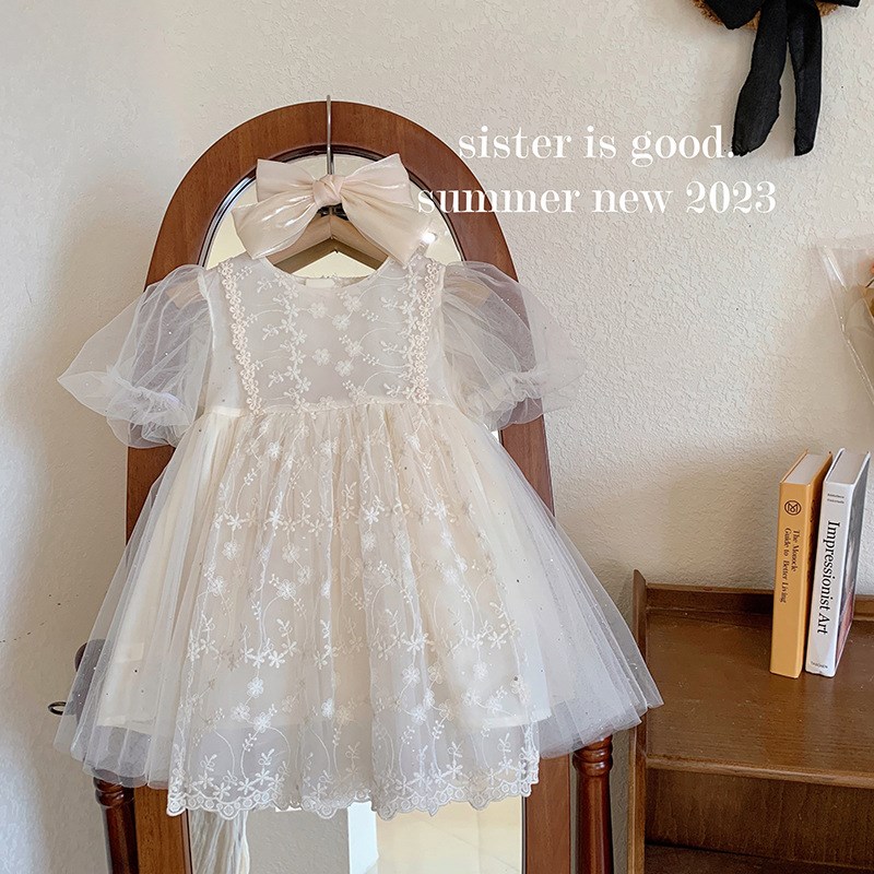 韩版女童连衣裙夏季洋气女孩气质网纱裙甜美宝宝泡泡袖蓬蓬公主裙