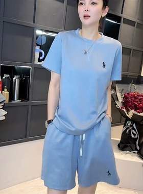 2025运动套装女夏季休闲时尚超火炸街减龄洋气蓝色短袖短裤两件套
