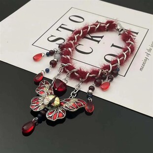 红色时尚复古气质百搭个s性水毛绒蝴蝶眼睛项链小众夸张设计锁骨