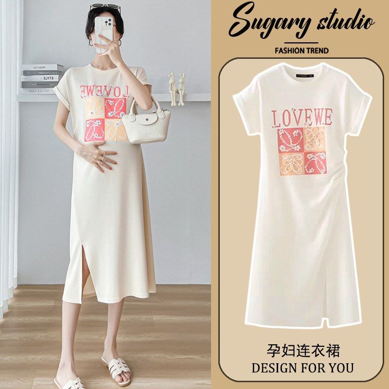 孕妇印花高定短袖开叉时尚宽松薄款连衣裙2024新款小个子裙子夏款,孕妇装/孕产妇用品/营养,连衣裙,淘宝优惠券,粉丝福利购,淘宝优惠卷