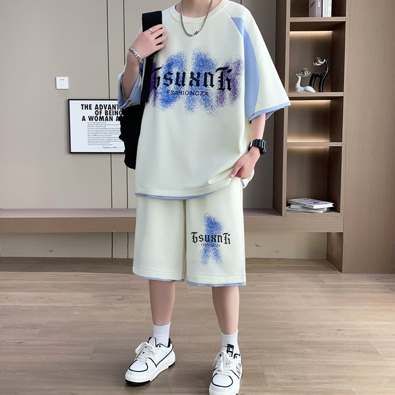 夏季休闲套装男士2025新款青年运动短裤短袖一套搭配帅气男装衣服