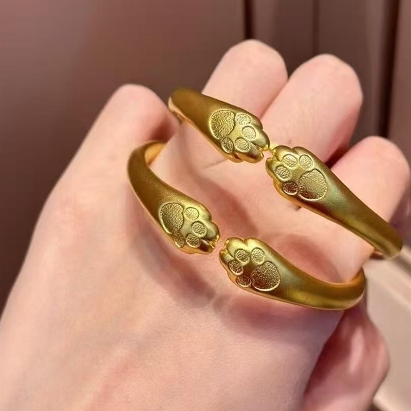 古代金覆盖银猫爪手镯为妇女磨砂平原环手镯开口可调手镯生日礼物