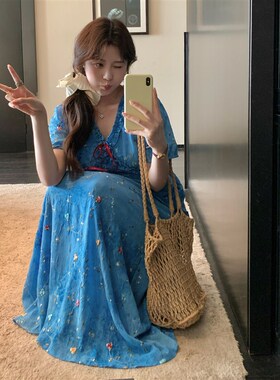 NAZ那子大码褶皱立体缠藤绣胖mm高腰夏季刺绣重工扎染收腰连衣裙