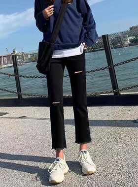 黑色烟管牛仔裤女八分小个子w2022夏季薄款高腰显瘦破洞七分直筒