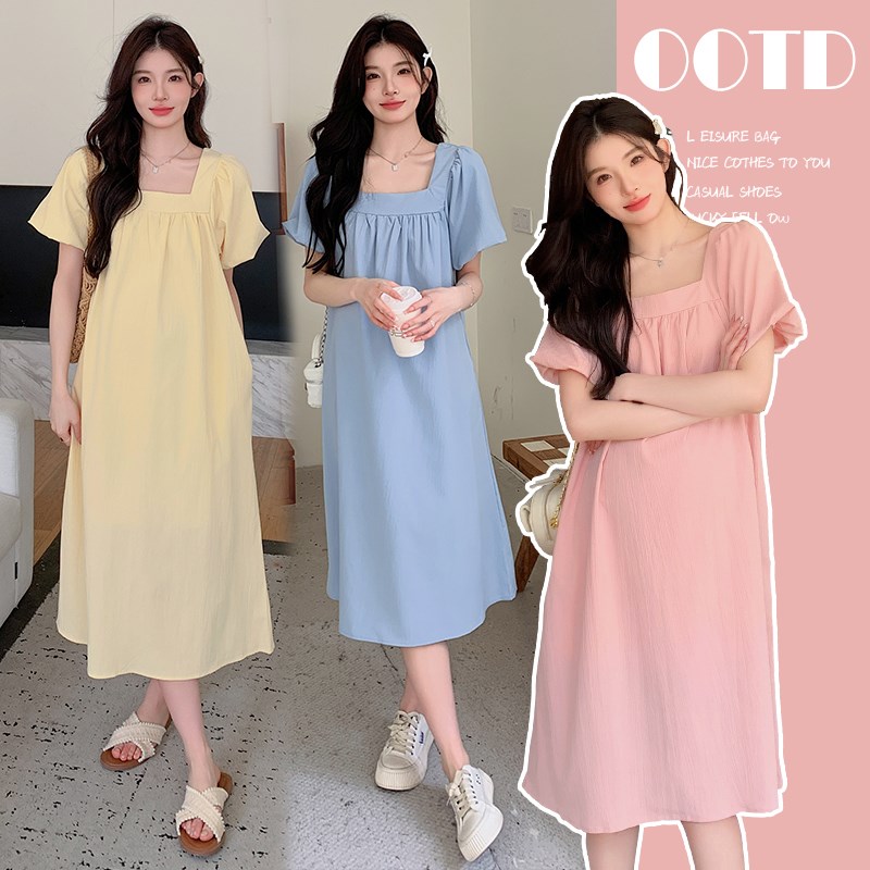 大码孕妇连衣裙夏装新款甜美方领短袖长裙宽松潮妈遮肚裙子200斤