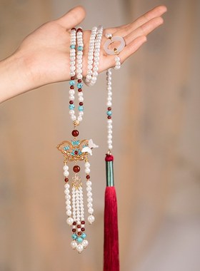 清仓古风蝴蝶贝珠背云长流苏璎珞B项链马面裙配饰珍珠汉服旗袍饰