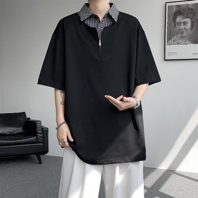 隐哲穿搭1027夏季大码假两件衬衫领男生百搭高级感翻领短袖T恤