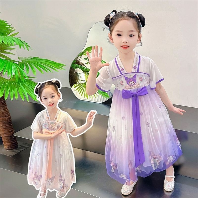 女童裙子夏薄款2025新款库洛米短袖公主裙3-6岁复古卡通动漫纱裙