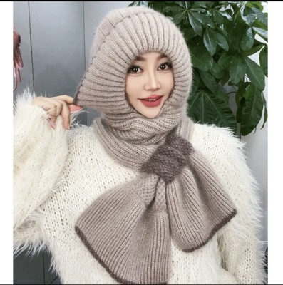 新款秋冬加绒加厚编织风雪帽时尚百搭女士冬天护耳朵帽子围巾-M