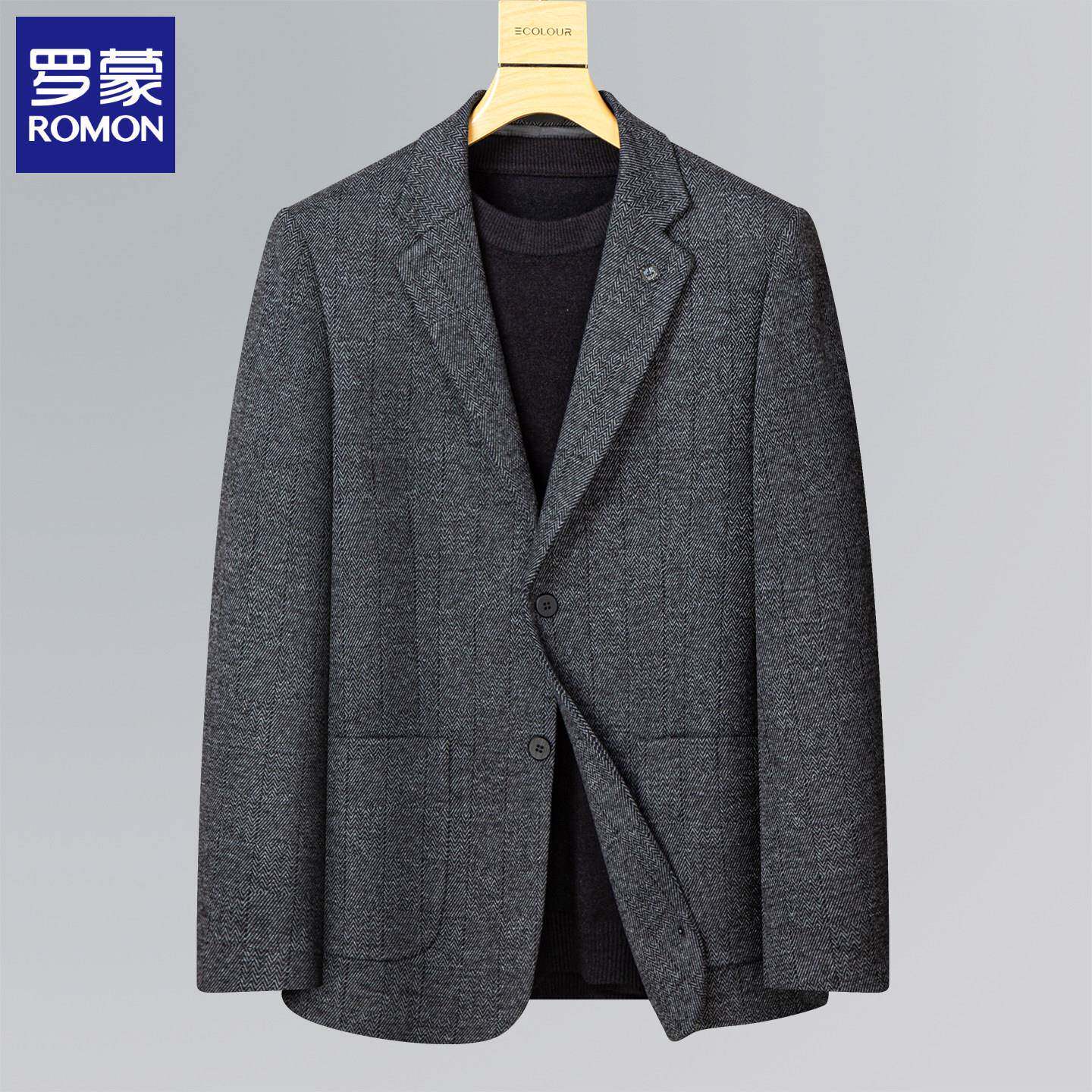 罗蒙灰色条纹羊毛休闲西装外套男韩版修身商务免烫秋季西服上衣男