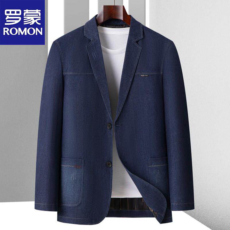罗蒙2025春秋新款大码男士牛仔西服外套加肥加大宽松休闲西装上衣