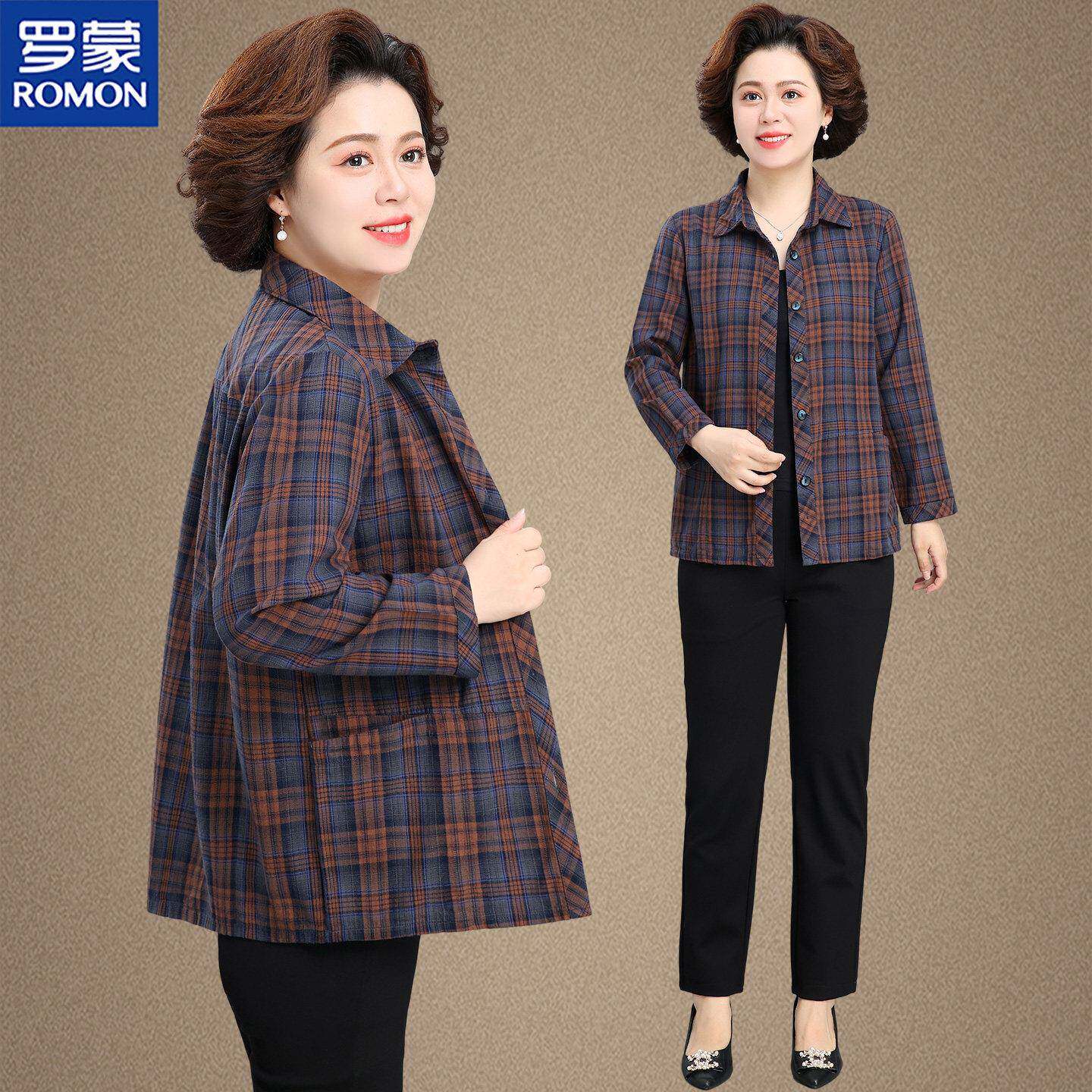 罗蒙品牌妈妈春装纯棉格子衬衫中老年人女春秋衬衣奶奶薄外套上衣