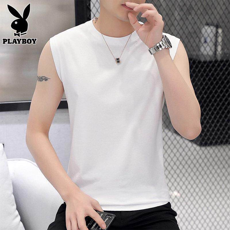 花花公子短袖t恤男士夏季薄款无袖背心体恤潮流冰丝休闲衣服男装T