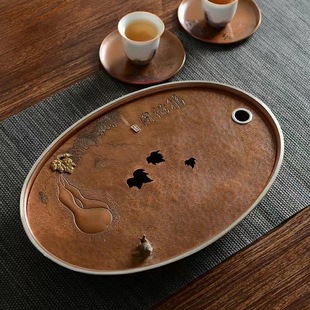 日本品质纯铜壶承干泡台福禄錾刻纯手工小型茶盘家用茶具紫铜茶托