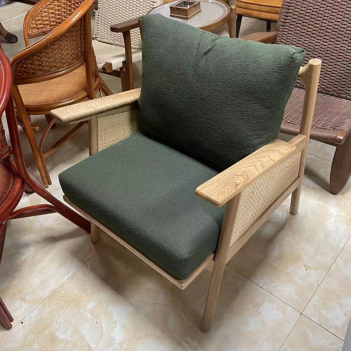 日式单人沙发椅实木阳台卧室休闲原木椅子藤编民宿茶椅靠背客厅